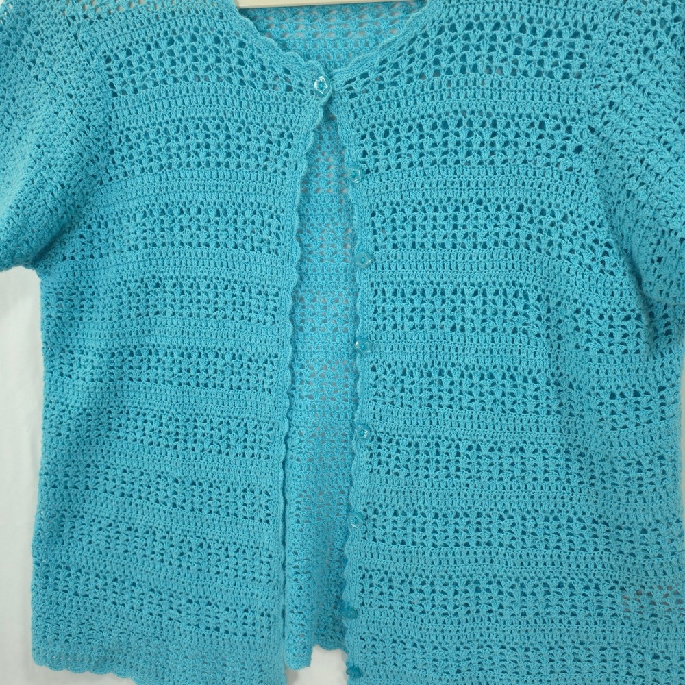 Turquoise Blue Crochet Cardigan Button Front Layering M Short Sleeve Cottagecore - Picture 3 of 10